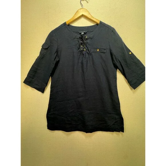 Tommy Hilfiger Womens Lace-Up Tunic Top Size S Navy Blue 3/4 Sleeves Pocket Chic - Picture 8 of 11